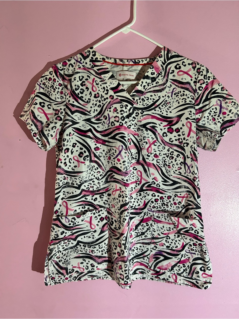 White Cross Zebra-Print Scrub Top with Pink and Black Accents